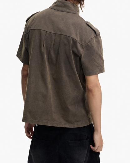 Illusion Print Stand-Collar Polo Shirt – Heavyweight Distressed Streetwear Tee