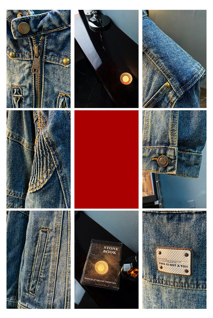 American Utility Stand-Collar Zipper Denim Jacket – Vintage Oversized Men’s Trucker Coat