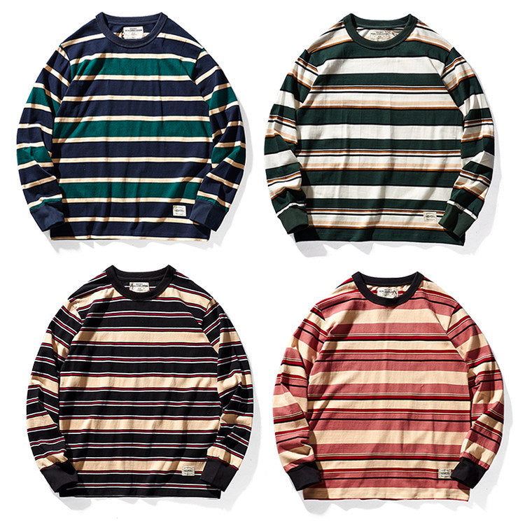 Heavy 300g Cotton Striped Long Sleeve T-Shirt – Japanese Retro Loose Unisex – T-Shirts | japanese streetwear | vintage workwear | unisex | Yamalinclothes