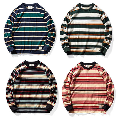 Heavy 300g Cotton Striped Long Sleeve T-Shirt – Japanese Retro Loose Unisex – T-Shirts | japanese streetwear | vintage workwear | unisex | Yamalinclothes
