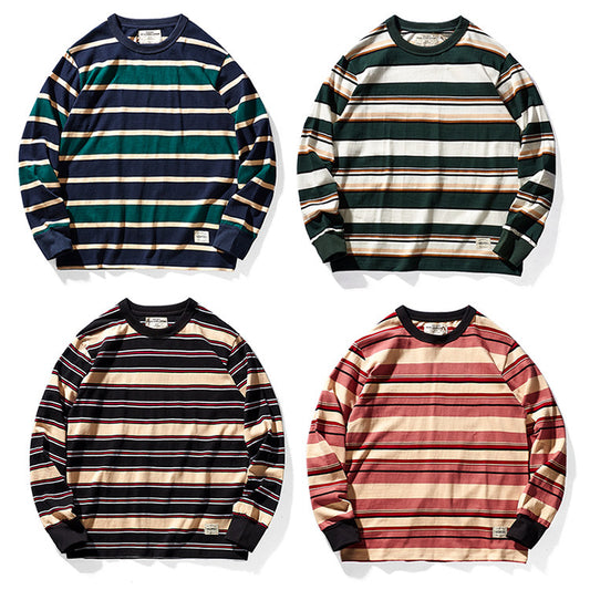 Heavy 300g Cotton Striped Long Sleeve T-Shirt – Japanese Retro Loose Unisex – T-Shirts | japanese streetwear | vintage workwear | unisex | Yamalinclothes