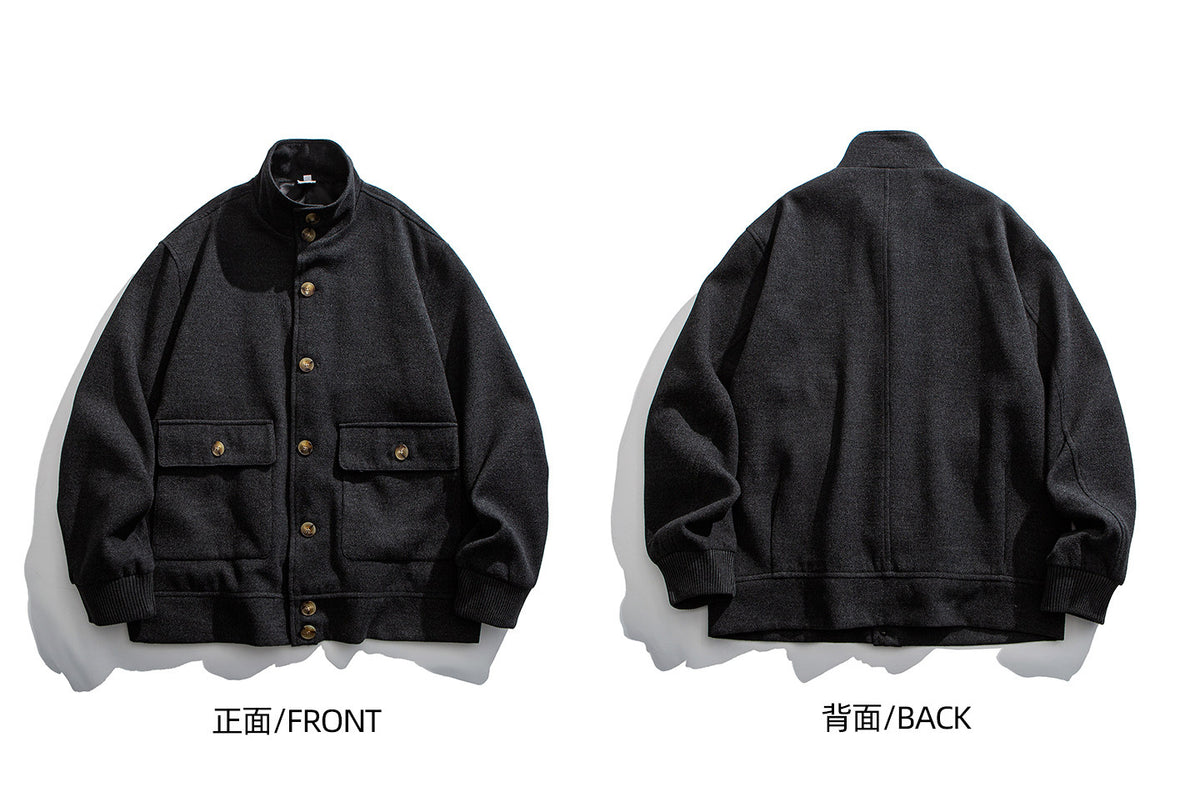 Wool Blend Stand Collar Utility Jacket – American Vintage Minimalist Loose Unisex – Coats Jackets | japanese streetwear | vintage workwear | unisex | Yamalinclothes