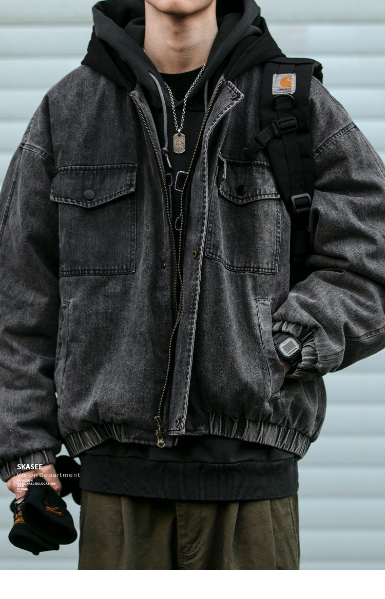 Washed Hooded Denim Patchwork Cotton Jacket – Drop Shoulder Loose Workwear Unisex – Coats Jackets | japanese streetwear | vintage workwear | unisex | Yamalinclothes