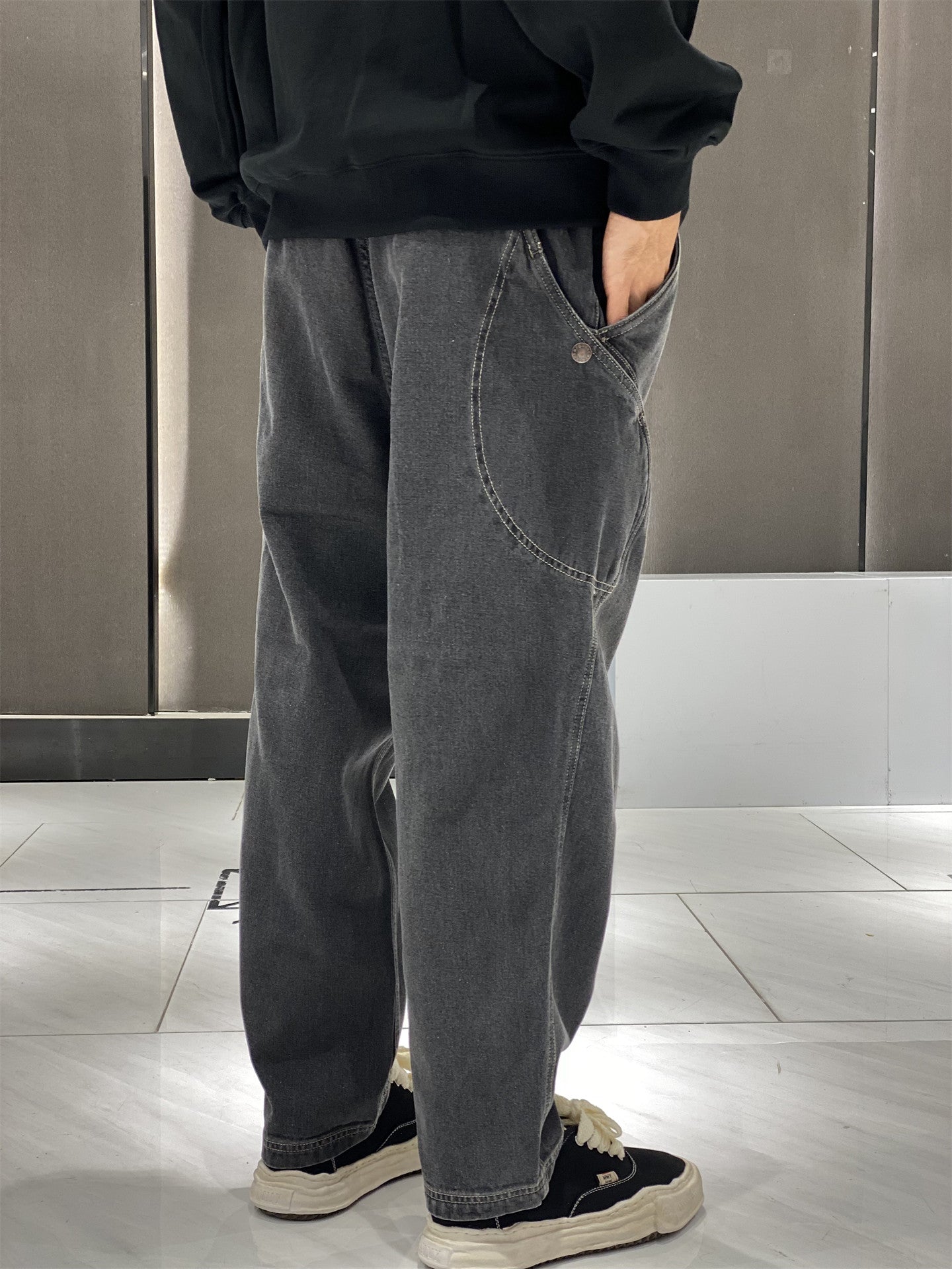 Japanese Washed Distressed Cropped Jeans – Elastic Waist Relaxed Fit Streetwear