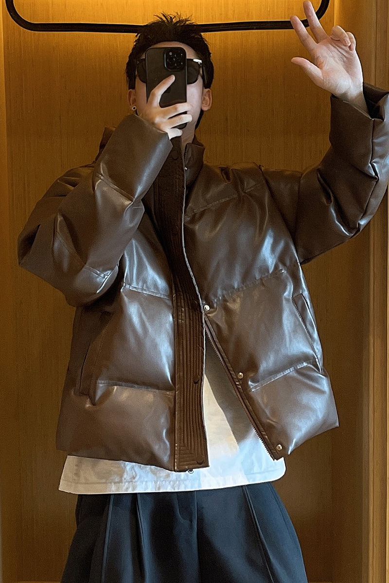 Faux Leather Down Jacket – Short Fit & Stand Collar | Yamalinclothes