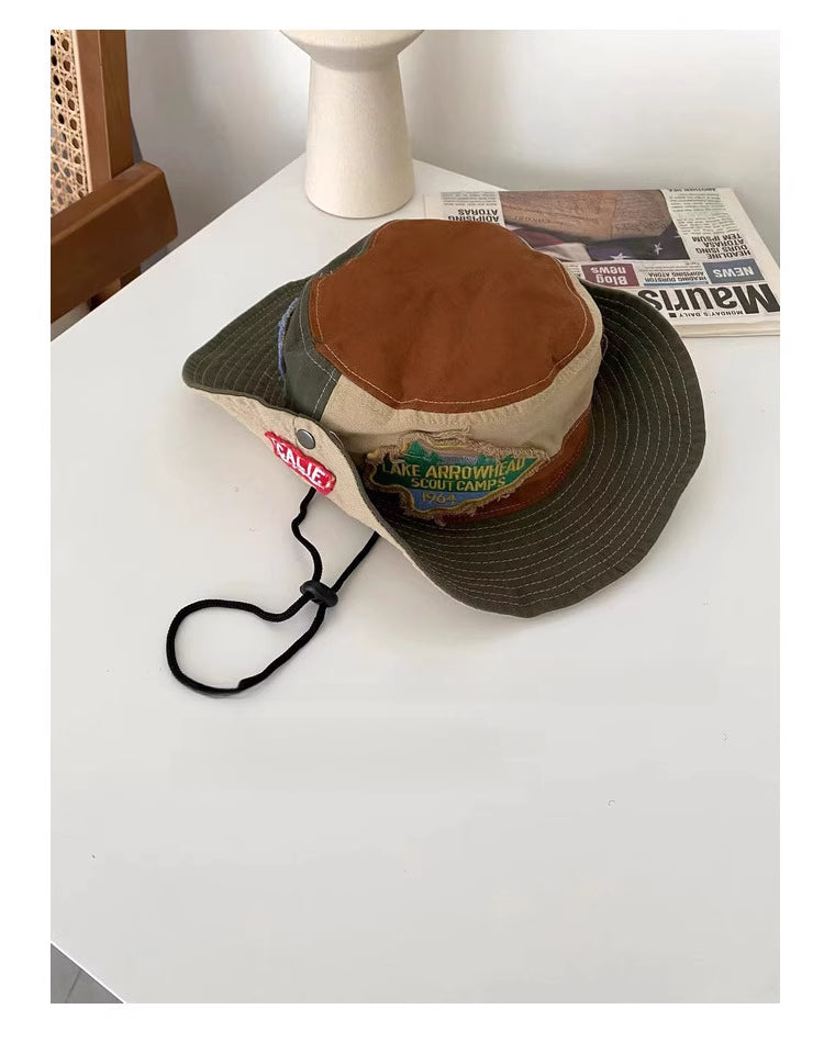 Unique Fisherman Hat for Men and Women, Vintage Patched Street Style Trendy Brand Hiking Hat, Outdoor Camping Western Cowboy Hat