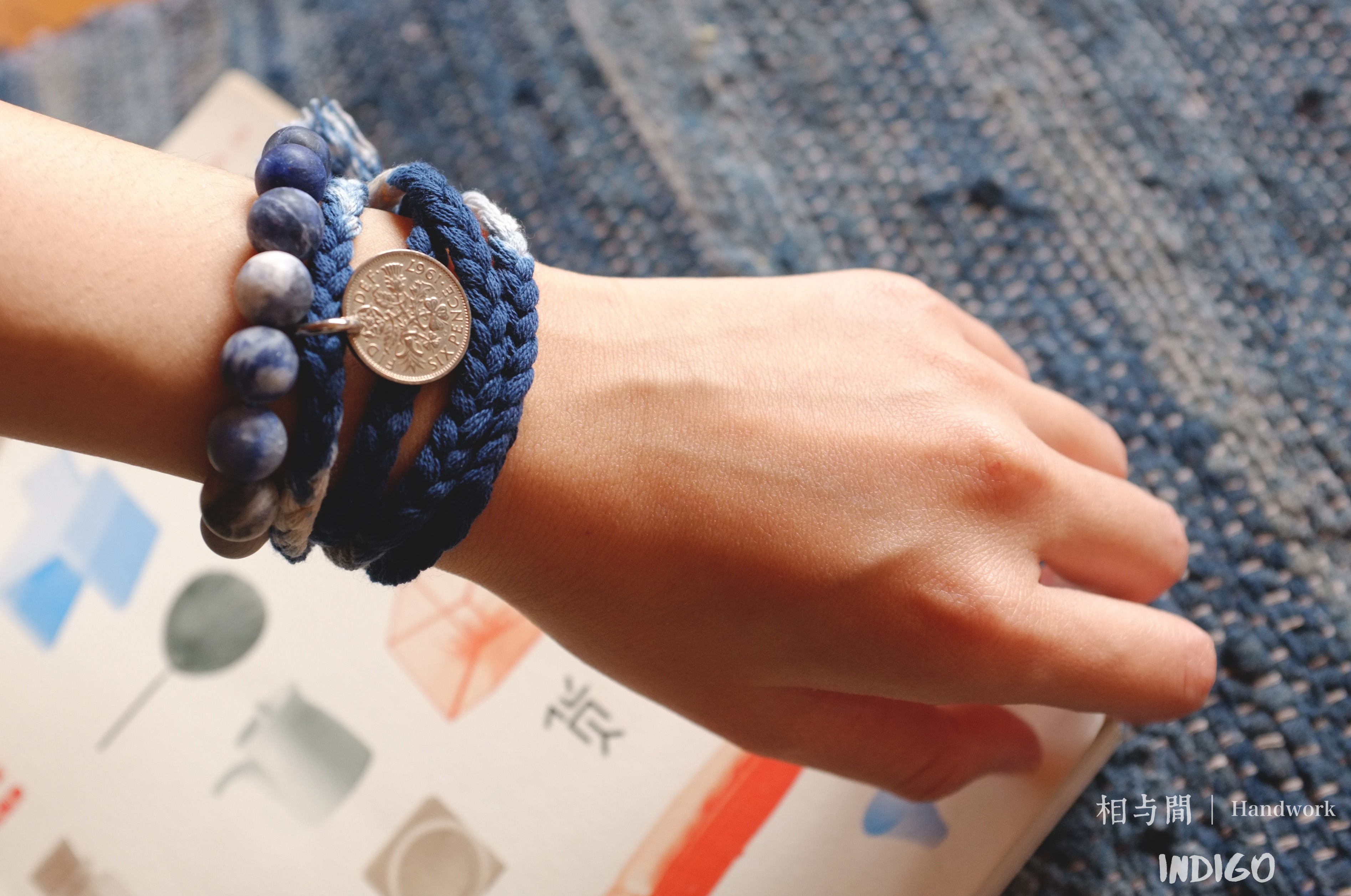 Sixpence Lucky Coin Blue Dyed Woven Bracelet Amekaji Indigo National Trend Couple Bracelet