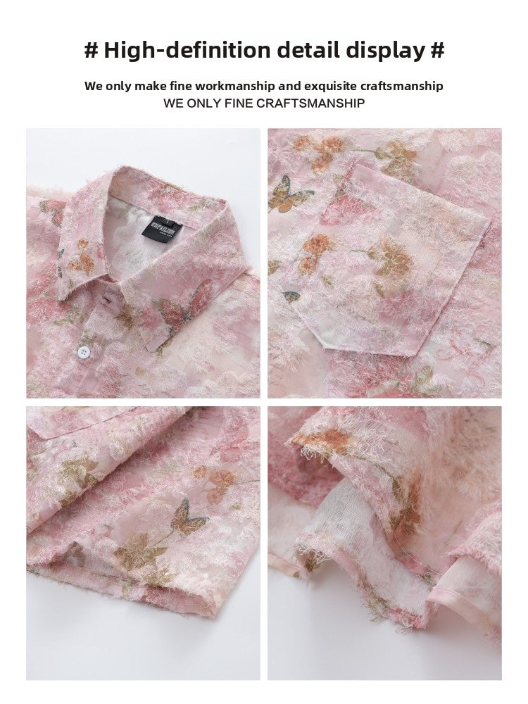 Lazy Style Tassel Butterfly Full Print Short Sleeve Shirt for Men Summer Design Sense Niche Beach Floral Shirt