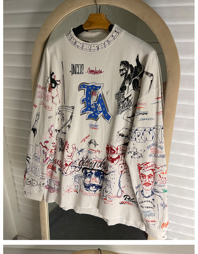 Quan Zhilong “Saint Michael” Rhinestone Graffiti Long-Sleeve Tee – Unisex Streetwear Vintage Base