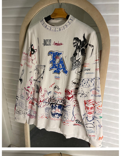 Quan Zhilong “Saint Michael” Rhinestone Graffiti Long-Sleeve Tee – Unisex Streetwear Vintage Base