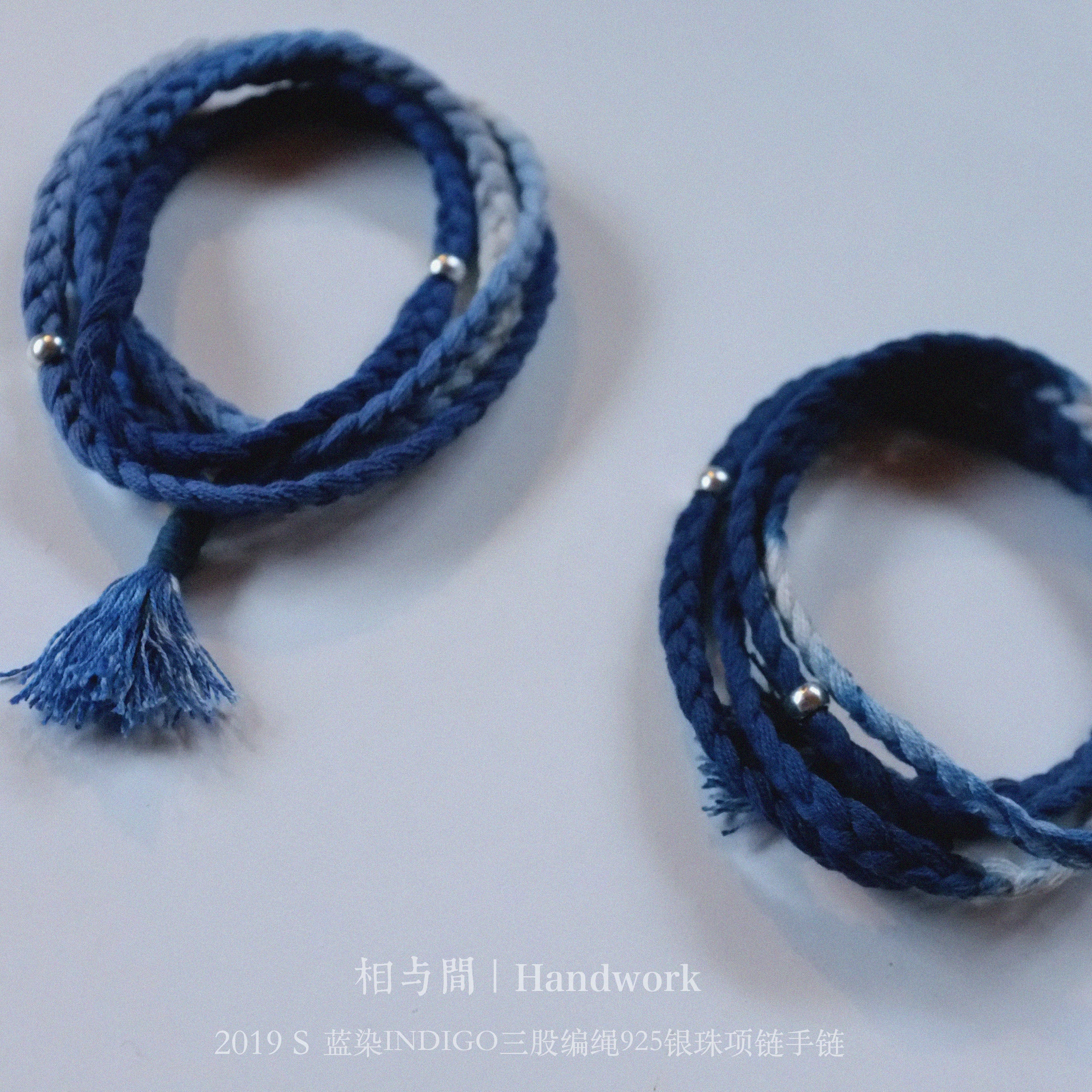 Original Indigo Dyed Vintage Indian Three-Strand Braided Silver Bead Necklace Plant-Dyed Hand Rope