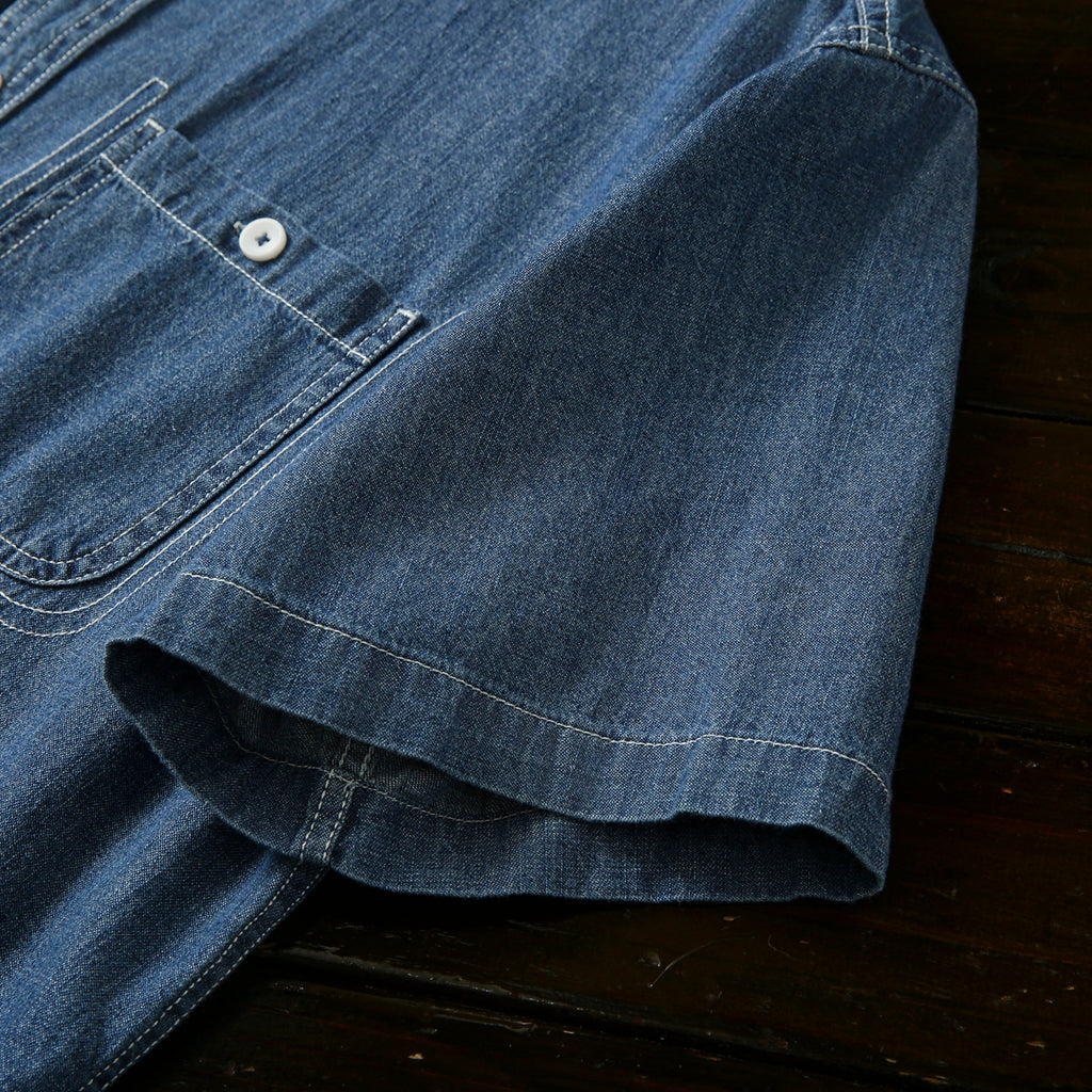 Pure Cotton Enzyme Wash! Export Surplus Men's Summer Turn-down Collar Denim Short Sleeve Shirt Top