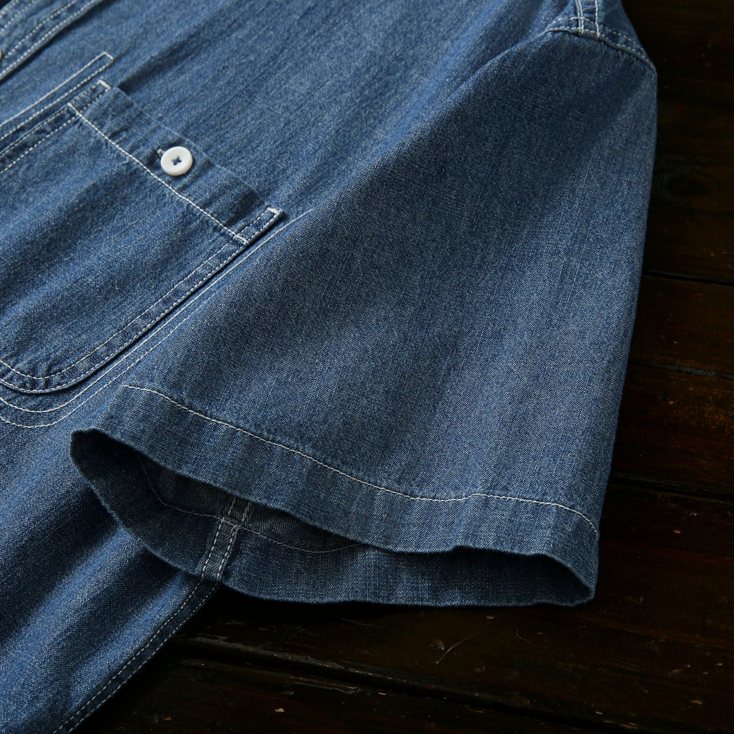 Pure Cotton Enzyme Wash! Export Surplus Men's Summer Turn-down Collar Denim Short Sleeve Shirt Top