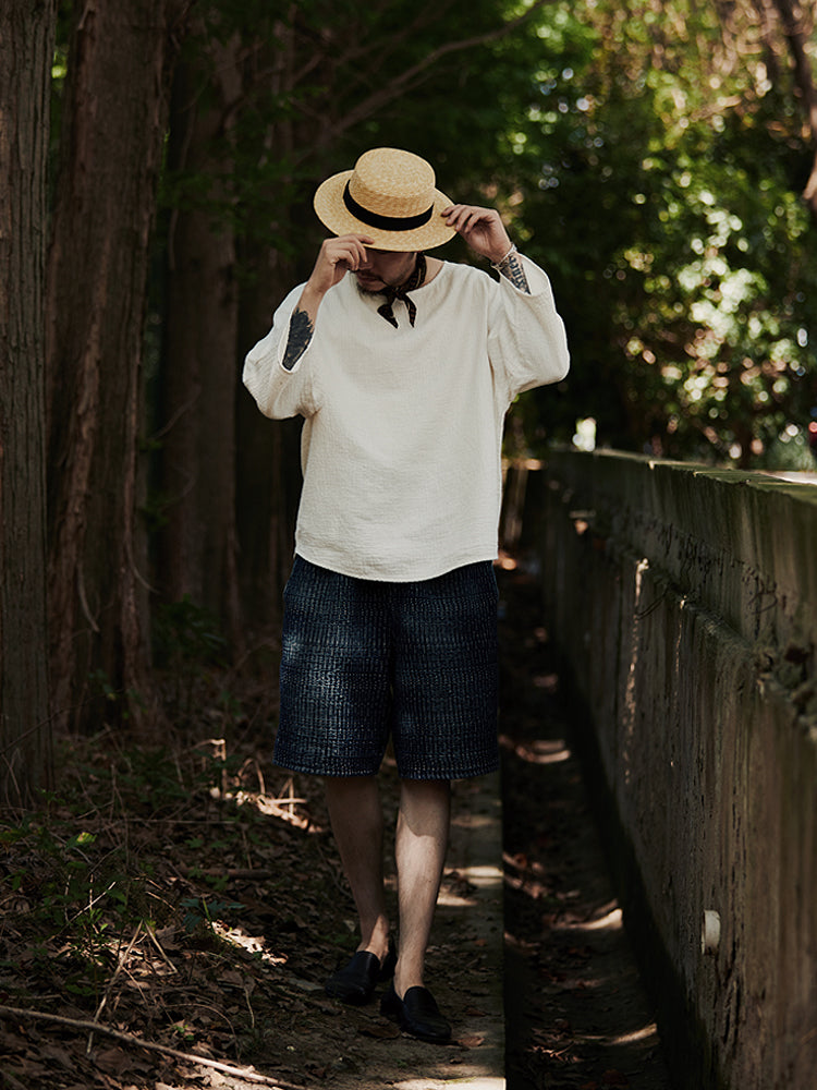 Original Japanese Retro White Sashiko Spring Summer Loose Couple Style Short Sleeve Embroidered Casual Three-Quarter Sleeve T-Shirt for Men