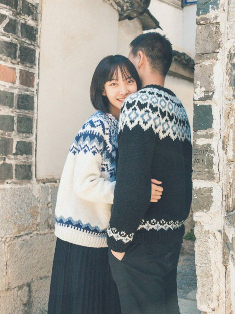 Handmade Fair Isle Wool Cardigan – Artistic Ferris-Wheel Pattern (Unisex)