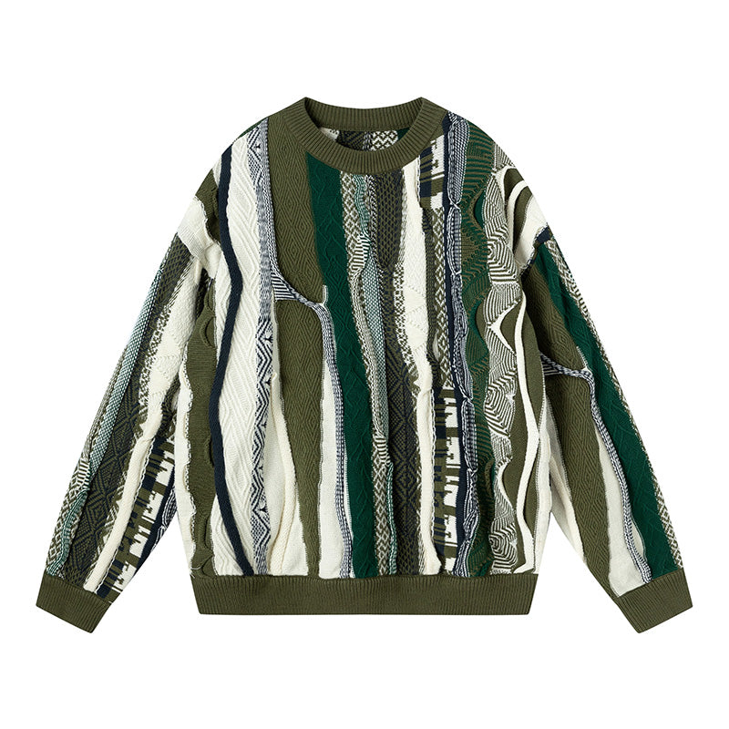 Vintage Pop Style Bitter Melon Striped Ethnic Sweater