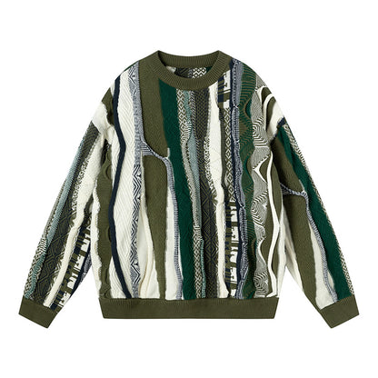Vintage Pop Style Bitter Melon Striped Ethnic Sweater
