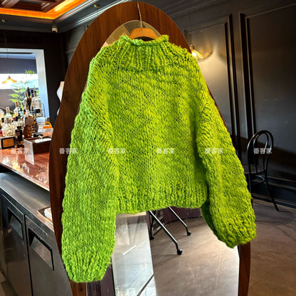 Women's Korean Retro High Collar Knitted Cardigan - Petite Short Slimming Thickened Sweater Coat