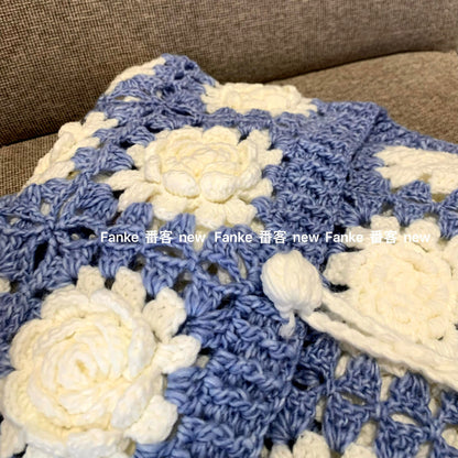 Women's European French Retro Color Block Cardigan - Handmade 3D Rose Crochet Hollow Knit Sweater