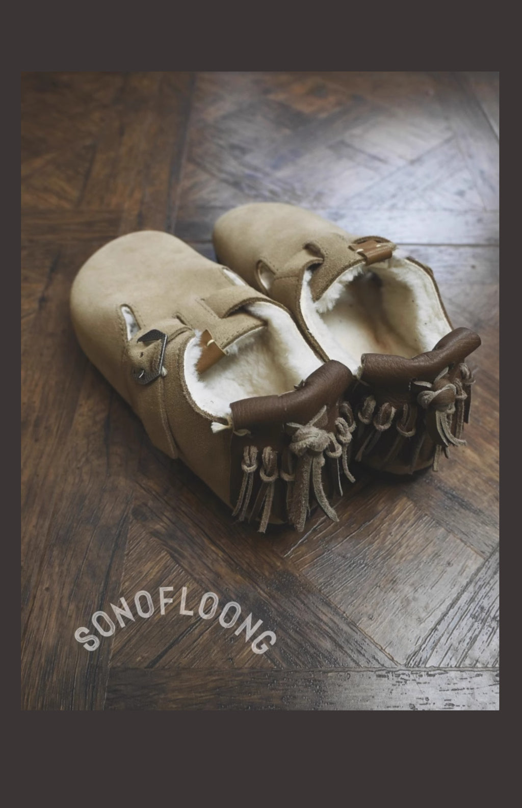 Sonofloong Vintage Genuine Leather Slippers - Deerskin Tassel Sheepskin Fur Closed-Toe Birkenstock Style