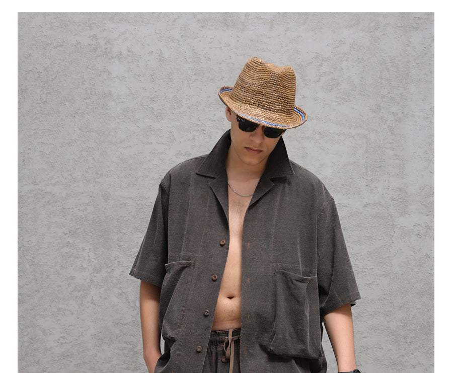 Wild Silk Cuban Collar Half Sleeve Shirt Men's Dye Yam Dyed Tussah Silk Aloha Retro Short Sleeve Shirt Summer