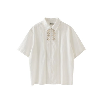 25SS Ramie Blend Passionflower Embroidery Washed Vintage Japanese Style Retro Short Sleeve Shirt