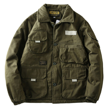 Japanese Retro Washed Multi-Pocket Military Workwear Jacket - Thickened Cotton Coat