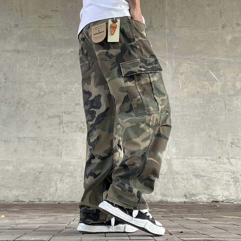 Men's American Street Retro Cargo Pants - Camouflage Heavy Washed Ripped Straight-Leg Pants