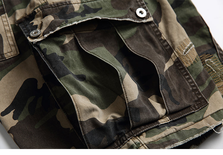 Men's American Street Retro Cargo Pants - Camouflage Heavy Washed Ripped Straight-Leg Pants
