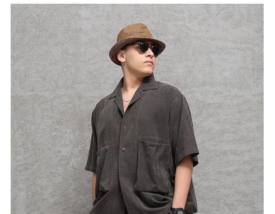 Wild Silk Cuban Collar Half Sleeve Shirt Men's Dye Yam Dyed Tussah Silk Aloha Retro Short Sleeve Shirt Summer