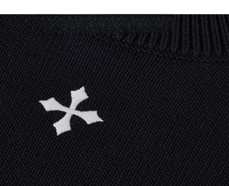 Men's Retro Cross Embroidered Distressed Knit Sweater – High Street American Style Casual Winter Pullover Jacket