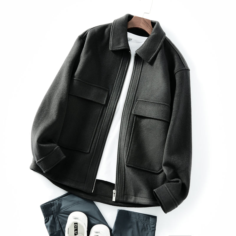 Korean Minimalist Workwear Jacket – Thickened 53% Sheep Wool, Turn-Down Collar for Autumn/Winter
