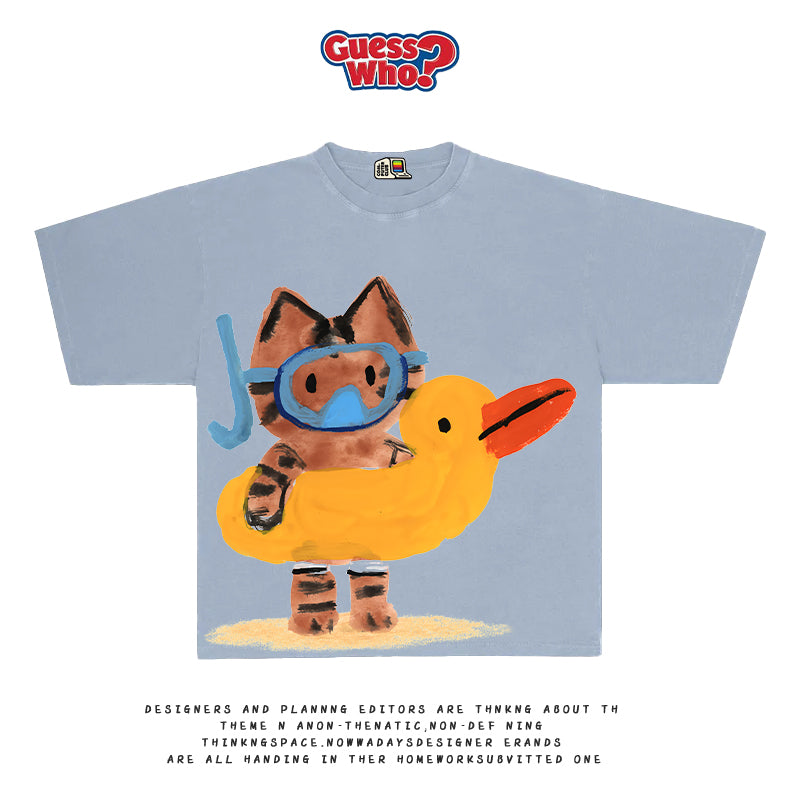 All Nature Hand-Painted Cat Illustration Tee – Fun Artist Graphic Short Sleeve