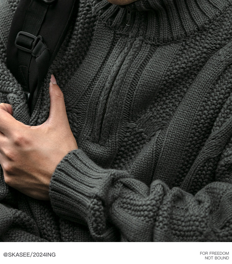 Men's Winter Heavyweight Cable Knit Sweater - American Retro Half-Zip Stand Collar