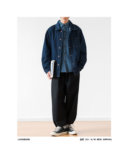 Japanese Retro Workwear Denim Shirt – Loose Turn-Down Collar for Spring/Autumn