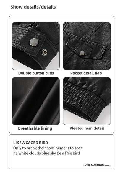 Men's American Retro Leather Jacket - Lychee Grain Stand Collar Motorcycle Coat