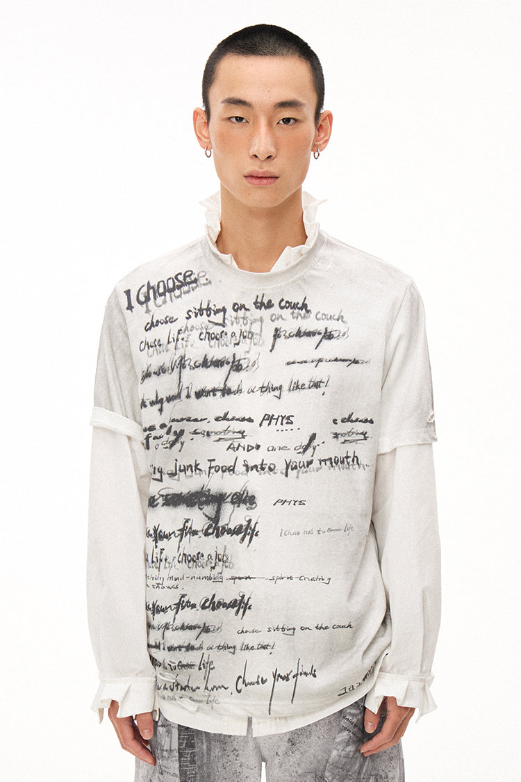 Handwritten Print Soft Skin-friendly Distressed Loose Short Sleeve T-shirt