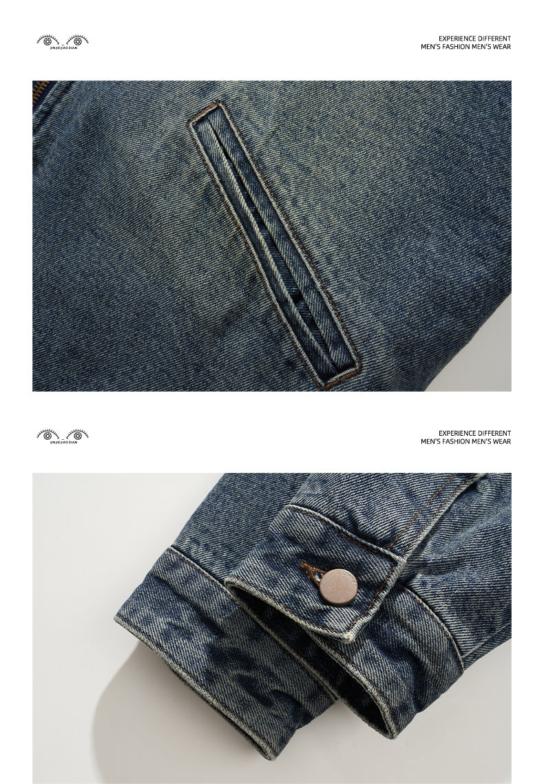High Street Retro Washed Lamb Wool Denim Jacket – Thickened Warm Winter Cotton Coat for Men