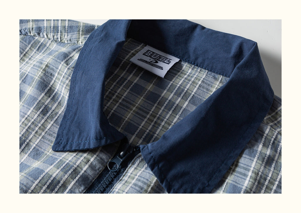 American Retro Workwear Plaid Shirt – Loose Zip-Pocket, Turn-Down Collar (Unisex)