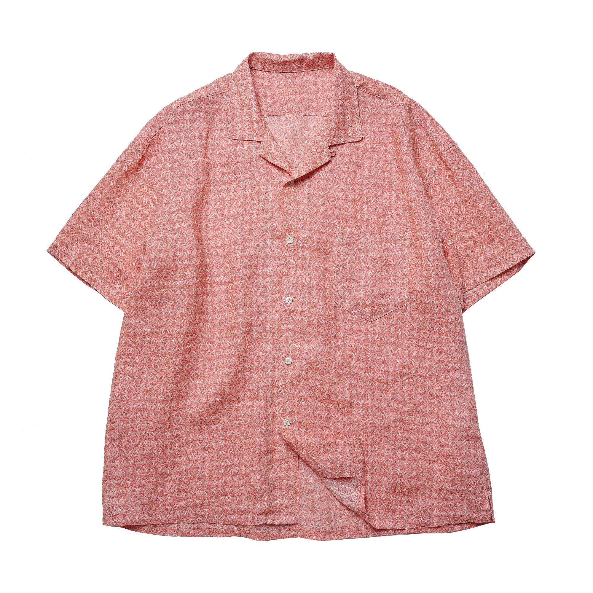 Vintage Peach Pink Abstract Octagonal Pattern Cuban Collar Loose Casual Pure Linen Short Sleeve Shirt