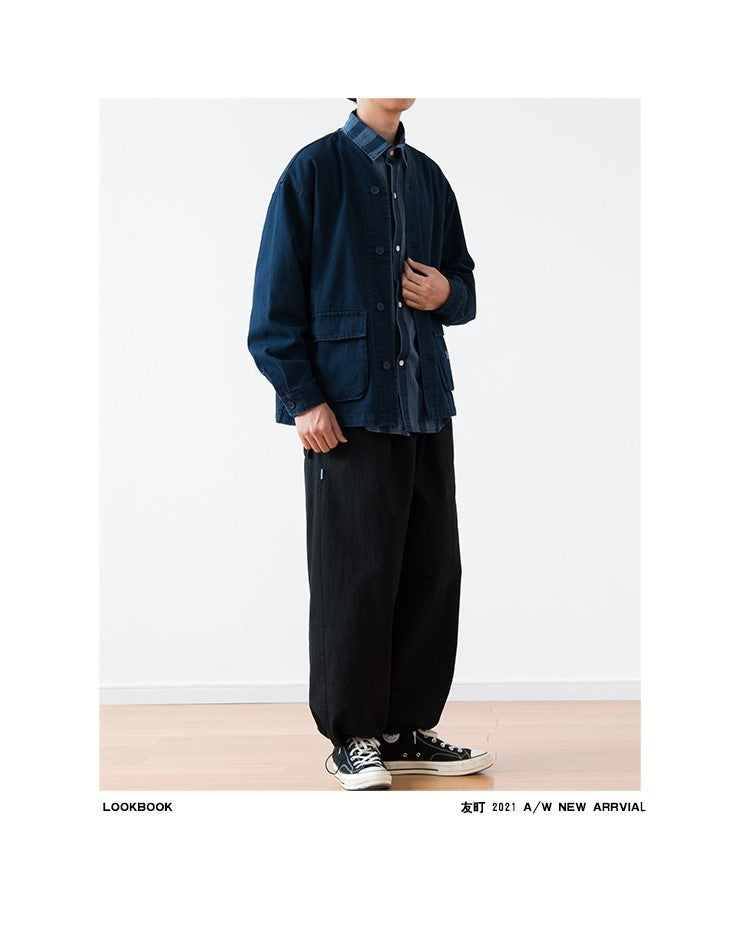 Vintage Washed Denim Collarless Shirt – Japanese Style Long Sleeve (Unisex)