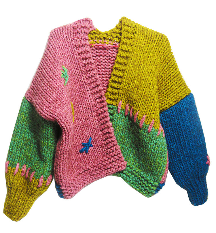 Original Handmade Knitted Lazy Thick Sweater Cardigan for Women Autumn Winter Color Block Patchwork Knitwear