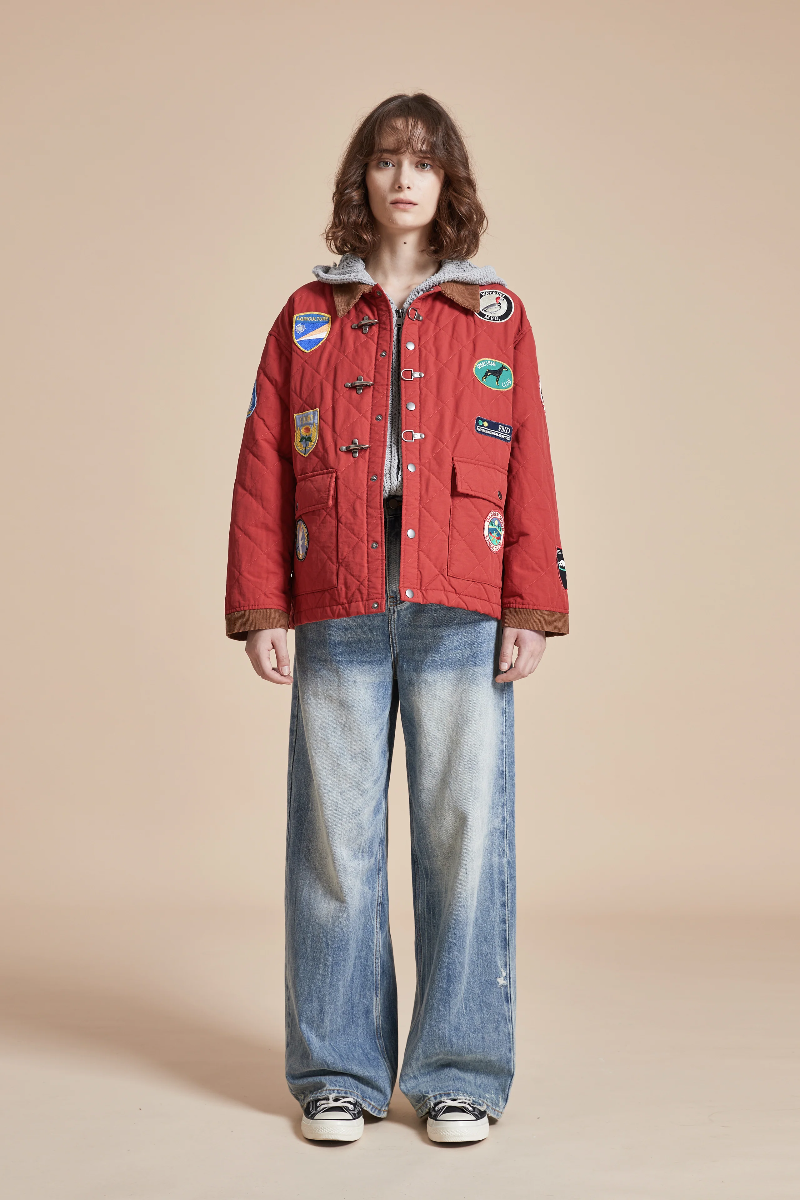 Multi-Emblem Embroidery Vintage Quilted Lightweight Cotton Jacket