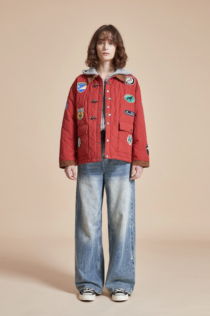 Multi-Emblem Embroidery Vintage Quilted Lightweight Cotton Jacket
