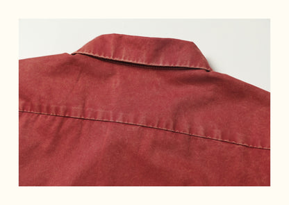 Heavy Washed Patch Embroidery Street Cotton Loose Shirt Men Skateboarding Street Dance Rust Red Short Sleeve
