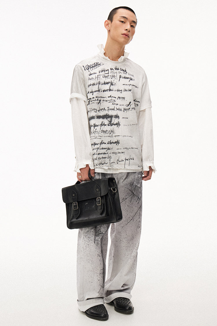 Handwritten Print Soft Skin-friendly Distressed Loose Short Sleeve T-shirt