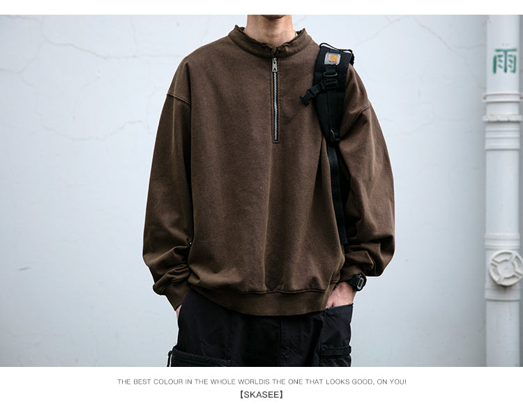 Unisex 465g Washed Vintage Sweatshirt - Boxy Half-Zip Snowflake Knit Pullover