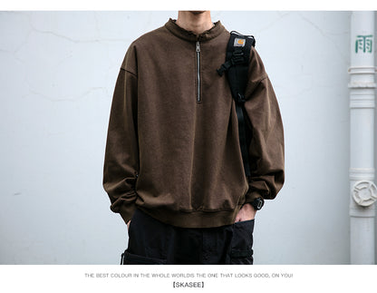 Unisex 465g Washed Vintage Sweatshirt - Boxy Half-Zip Snowflake Knit Pullover