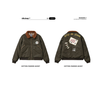 American Retro Leather Cotton Jacket - Lamb Wool Embroidered Coat (Men)