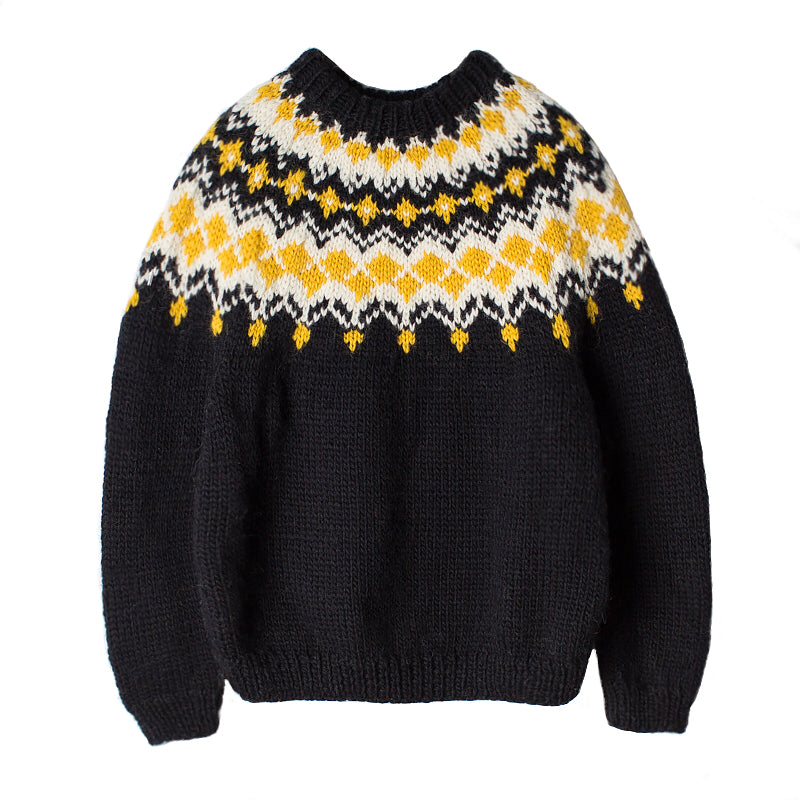 Handmade Fair Isle Wool Cardigan – “Ferris Wheel” Motif Loose Unisex (Black)